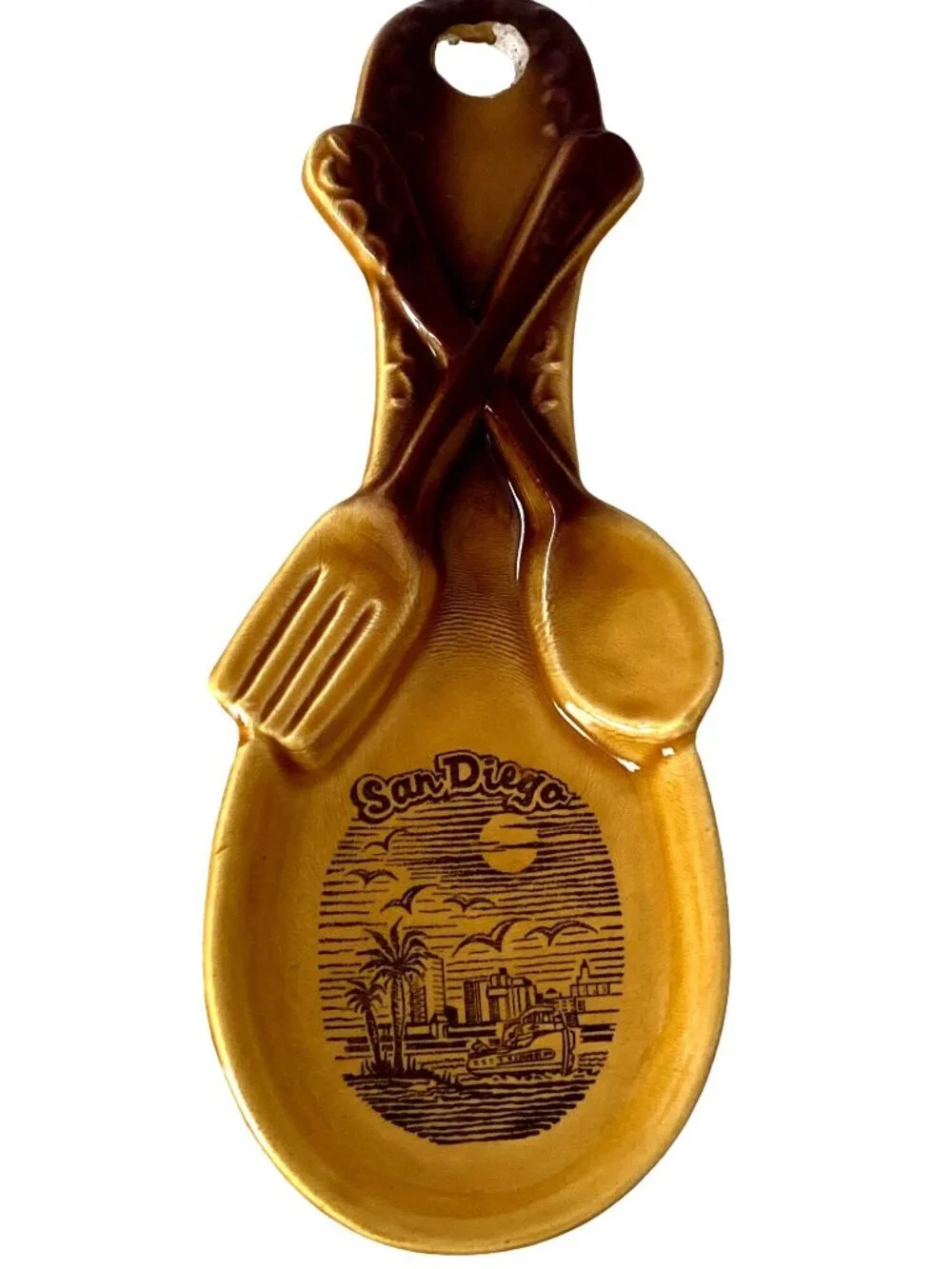 San Diego image Ceramic Souvenir Spoon Rest Dark Brown Gold Vintage Japan